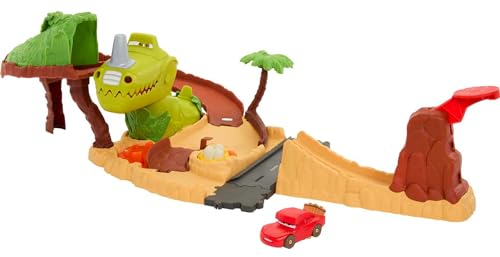 Mattel Disney and Pixar’s Cars Toys, Dinosaur Playground Playset with Lightning McQueen Toy Car, Dinosaur and Kid-Activated Action, Cars On The Road, HNL99