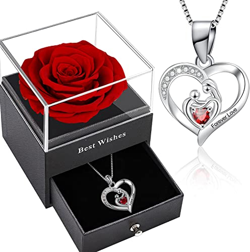 SWEETIME Muttertagsgeschenke für mama,Mutter Tochter Kette Geschenk,Ewige Rose Box mit Halskette Damen Silber 925,Infinity Rosen mit Herz Granat Kette,geburtstagsgeschenk für mama,Für Immer Rote Rose.