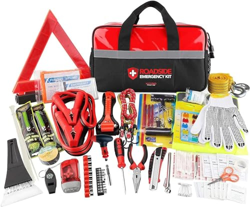 Kitgo Auto-Notfall-Set, Premium-Pannenhilfe, mit Überbrückungskabeln, Taschenlampe, Schaufel, Schraubendreher-Set – Ideales Auto-Sicherheitsset, Survival, LKW, Wohnmobil und mehr (rot)
