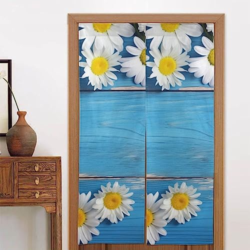 BAFAFA Türvorhang mit Gänseblümchen-Motiv, blau, Holz, bedruckt, Noren, Türvorhang, Fenstervorhänge, Terrassentür, Türvorhang, japanischer Vorhang, 86,4 x 142,2 cm