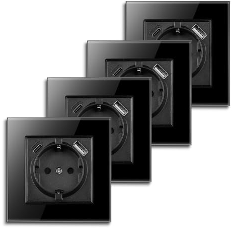 4er-Pack CNBINGO Schuko Steckdose mit USB Anschluss, USB-A und Typ-C Port Max.2,1 Amp total, Unterputz Steckdose mit Krallen, Schutzkontakt Wandsteckdose mit Glasrahmen in Schwarz, 1-Fach