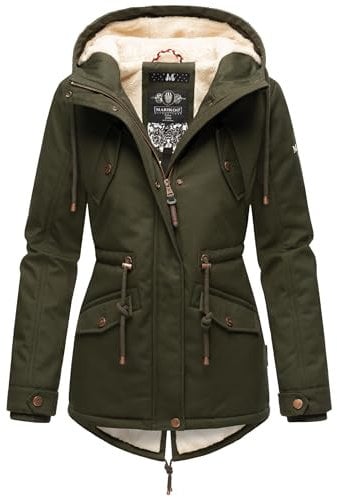 MARIKOO Damen warme Winterjacke mit kuscheliger Verstellbarer Kapuze Manolya Dark Olive Gr. S