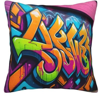 KLAMN Quadratisches Dekokissen mit Graffiti-Hip-Hop-Motiv, mit weichen Kissenbezügen, Kissenbezug mit Einsätzen für Zuhause, Sofa, Schlafzimmer, Dekoration