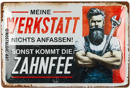 Nostalgic-Art Retro Blechschild, 20 x 30 cm, Meine Werkstatt – Nichts anfassen – Geschenk-Idee für Handwerker, aus Metall, Werkstatt-Deko im Vintage Design mit Spruch, Blechschilder Sprüche