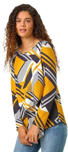 Roman Originals Geometric Print Wrap Tunic Stretch Top for Women UK - Ladies Everyday Autumn Winter Round Neckline Comfy Soft Evening Vacation Work Party Night Out - Yellow Black - Size 12
