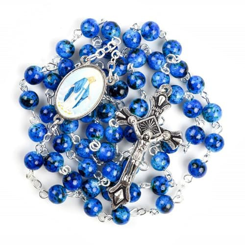 Kuesn Amethyst Catholic Rosary Necklace 6mm Purple Pearl Beads Rose Flower Cross Religious Necklace (Sapphire Blue)