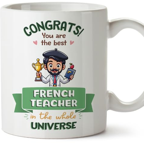 MUGFFINS French Teacher Man Mug - in English - Best in Universe Trophy - Funny Gift for Colleagues - Ceramic 11oz Mug