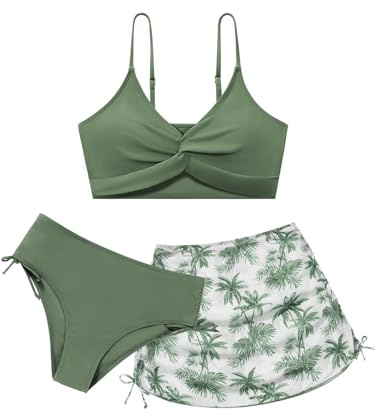 3 Pieces Knot Girls Bikini Set with Skirts Spaghetti Strap Beach Bathing Suit Swimwear Girl's Stitch Swimsuits Size 8 9 10-12 12-14 15 16 Years