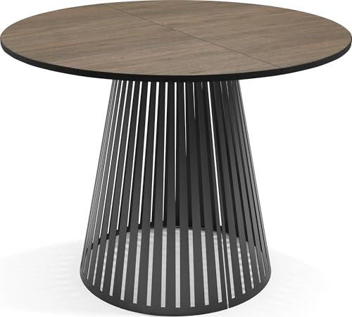 Esstisch Rund Ausziehbar mit Lamellen im Loft-Stil – 120 bis 200 cm – Industrieller Tisch mit Schwarzen Metallbeinen, Platzsparend für Wohnzimmer oder Esszimmer – Walnuss Braun