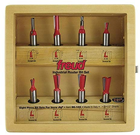 Freud 8-teiliges Bit-Set für Incra Jig – ideal zum Fräsen von Schwalbenschwanz- und Kastenverbindungen – 1,27 cm Schaft, inklusive 2 geraden und 6 Schwalbenschwanz-Bits – 96-102