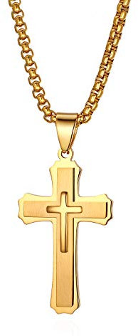 JewelryWe Herren Halskette, Edelstahl Klassisch Kreuz Anhänger mit 22 Zoll Kette, Gold, mit kostenloser Gravur