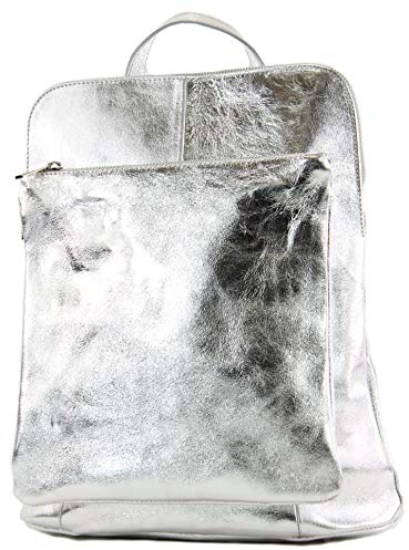 modamoda de T141 Damen Leder Rucksack Damentasche Schultertasche handmade in Italy, Farbe:Silber-Metallic