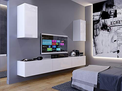 Furnitech Wohnwand Wohnzimmer | Wohnzimmer Möbel mit LED Weiß | Hängend Wohnwand Modern | Wohnzimmer Schrankwand mit Regale und TV Schrank (Markus AN24-18W-HG2 1A Klein)