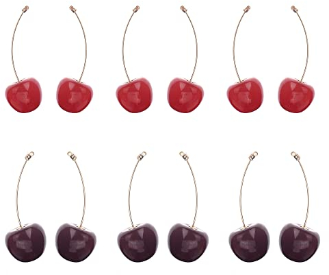Willoo 6 Paar Obst Ohrringe, Kirsche Rote Anhänger Ohrringe Süß Lang für Damen Und Mädchen (Rot, Fuchsia)