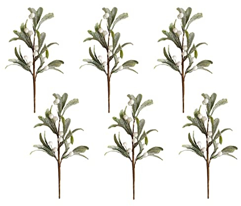 6 Stück Mistelzweige Weihnachtsdekoration Plektren 25 cm künstliche Mistelzweige Blumenstiele mit weißen Beeren, schneemattierte Weihnachtszweige, grüne Plektren für Weihnachtsbaum Basteln Dekoration