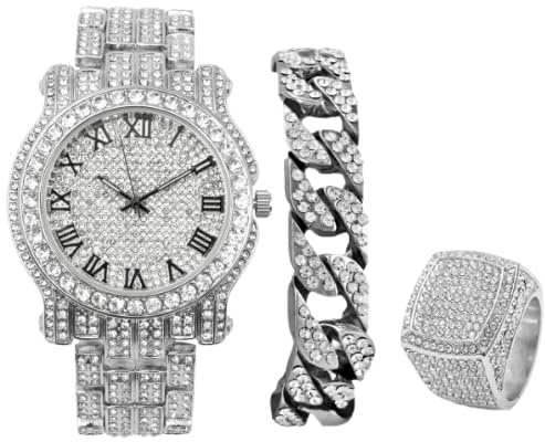 Charles Raymond Bling-ed Out L0504 BR L0504 BR Runde Luxus-Herrenuhr mit kubanischem Armband und Iced King Ring, 3-teiliges Set