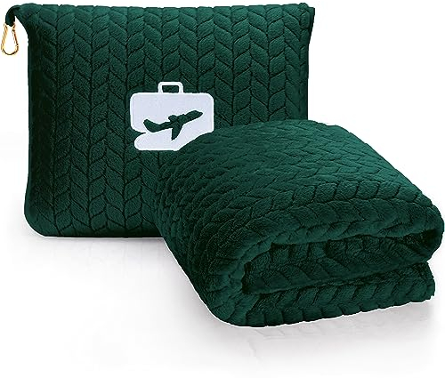 EverSnug Premium-Reisedeckenkissen – weiche 2-in-1-Flugzeugdecke mit weicher Tasche, Kissenbezug, Handgepäckhülle und Rucksackclip (Waldgrün)
