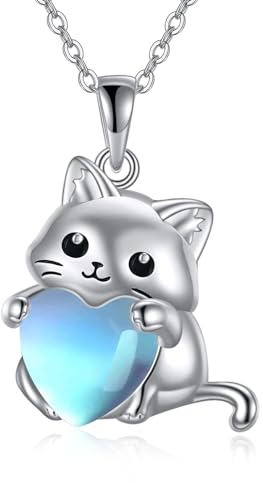 YFN Katze Schmuck Geschenke für Damen Sterling Silber Geburtsstein Katze Halskette Weihnachts Schmuck für Mädchen (silver)
