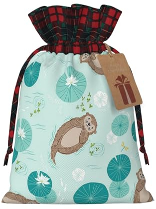 OPSREY Otter bedruckte Weihnachts-Geschenktüte mit Kordelzug und Etikett, wiederverwendbare Geschenkpapier-Tasche