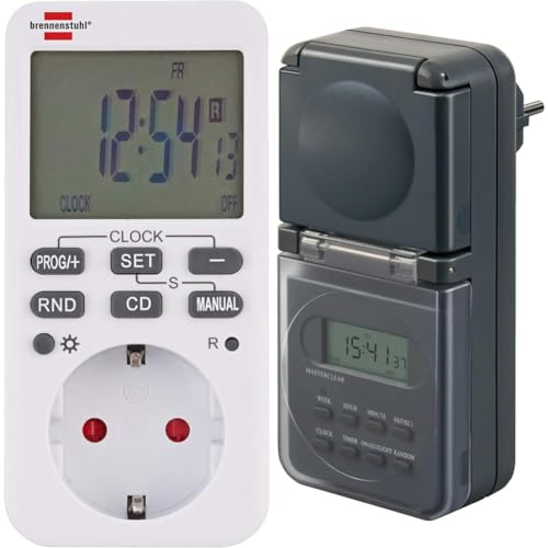 Brennenstuhl Comfort-Line Digitale Wochenzeitschaltuhr, Digitale Timer-Steckdose weiß & Digitale Wochenzeitschaltuhr IP44, Digitale Timer-Steckdose anthrazit