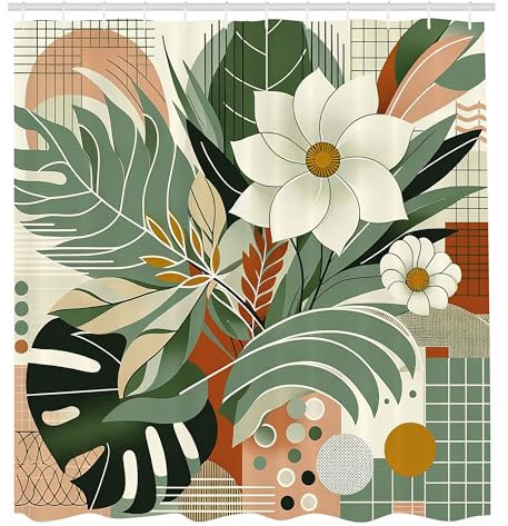 ABAKUHAUS Mid Century Modern Duschvorhang, Ansammlung exotischer Blätter und Plumeria Blumen auf einem Rasterdetail Hintergrund, Stoffliches Gewebe mit Haken, 175 x 200 cm, Lorbeergün Pfirsich