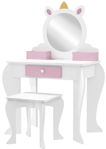 ZONEKIZ Kids Dressing Table with Mirror Stool Ages 3-6 White and Pink | Kids Vanity Table, Girls Dressing, Drawer, Storage Boxes, Unicorn Design