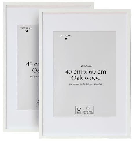 Framelane Set of 2 Bilderrahmen 40x60 Weiß - FSC-Zertifizierter Eiche Holzrahmen Mit Passepartout - Bilderrahmen Mit Kratzfestem & Bruchsicherem Acrylglas - Hoch- und Querformat Wandmontage
