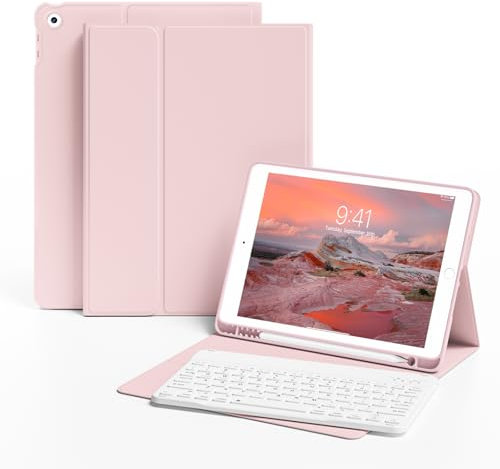 KVTVOU Case With Keyboard for iPad 9th / 8th / 7th Generation 2021/2020/2019 10.2 Inch, Soft TPU Case with Pencil Holder, Magnetic Detachable Bluetooth English Keyboard for iPad 9/8/7, Pink