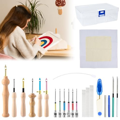 YBCCBY 35 Stück punch needle set stickerei anfänger stanznadel Holzgriff Sticknadel Verstellbar Kreuzstich Set Punchneedle Stick Nadel Stickstift Embroidery Kit für DIY Nähen Stickerei
