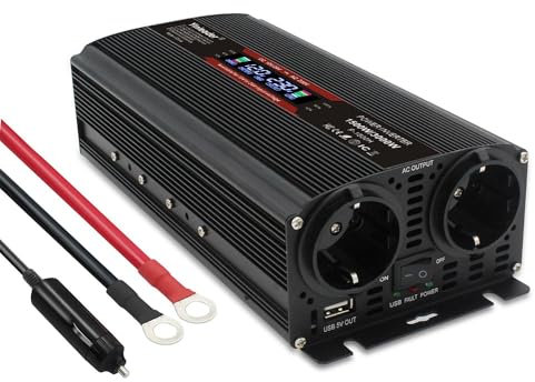 Yinleader Wechselrichter 12V/24V auf 230V 1500W / 3000W Spannungswandler 2 EU Steckdosen 1 USB Big LCD mit Zigarettenanzünder.