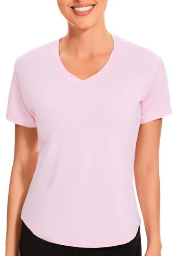 AMZSPORT T-Shirt de Sport pour Femmes, Manches Courtes Top de Yoga pour Running Fitness Gym, Rose Clair M
