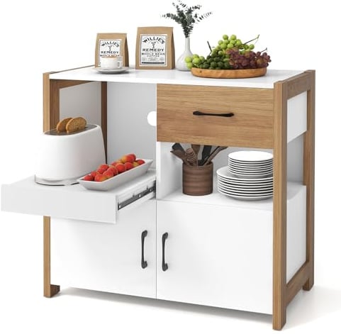 COSTWAY Küchenschrank, Buffetschrank mit 2 Türen & Schubladen, Buffet Sideboard modern, Holz, für Küche Esszimmer Wohnzimmer, 80 x 31,5 x 82cm, Natur+Weiß