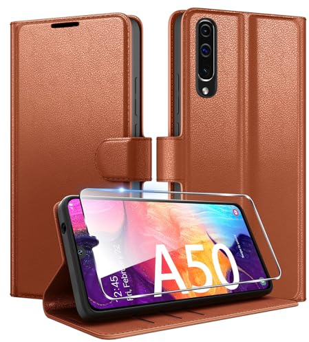 Coiwxmoi für Samsung Galaxy A50 Hülle Mit 1 Stück Panzer Schutz Glas, Wallet Premium PU Leder Handyhülle, Standfunktion Schutzhülle Kartenfach Stoßfeste Klapphülle Flip Case Cover Braun
