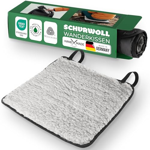 Novaliv Wanderkissen – Sitzkissen Outdoor aus Schurwolle, Wasserabweisende Polyamid-Unterseite – warm, atmungsaktiv, isolierend – 37×37cm – grau – leicht, kompakt – Camping Trekking Picknick Reise