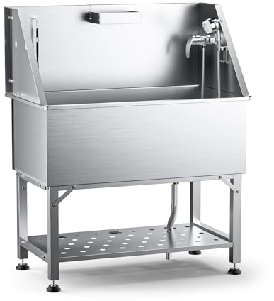 POOAMY 38 Dog Washing Station, Professional Stainless Steel Dog Grooming Tub Dogs Bathtub for Large & Medium Dogs, Height Adjustable Dog Bathing Station with Storage Basket, Faucet and Spray Head