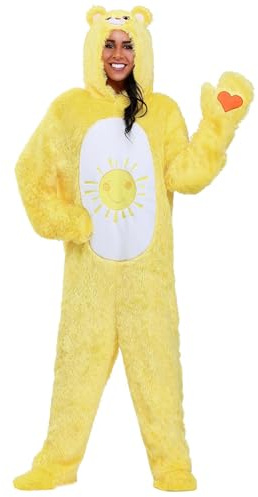 Adult Care Bears Funshine Bear Fancy Dress Costume Unisex, Faux Fur Yellow Classic Smiling Sun Care Bear Onesie Small