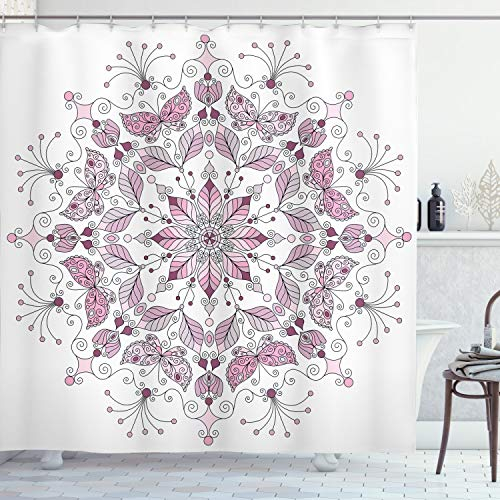 ABAKUHAUS Mandala Duschvorhang, Pastell Lotus, Stoffliches Gewebe Badezimmerdekorationsset mit Haken, 175 x 180 cm, Weiß Hellrosa