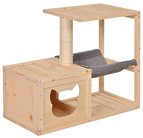 PawHut Katzenhaus mit Hängematte, Katzenkiste mit Sisalstamm, Katzenhöhle, Katzenbaum, Katzenaktivitätszentrum, Tannenholz, Natur, 70 x 35 x 60 cm