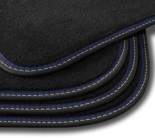 Bär-AfC Auto Fußmatten Premium passend für VW Touran 1T / GP2 2010-2014, Autoteppiche Velours Schwarz, Nubuk Band Schwarz, Doppelnaht Blau + Weiß, Set 4-teilig, VW04586