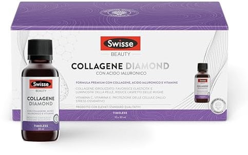 Swisse Collagen Diamond - Integratore Collagene e Acido Ialuronico Liquido, Collagene Idrolizzato da Bere con Vitamina C ed E, Integratori con Vitamine e Estratto di Semi d'Uva, 10x30ml Made in Italy