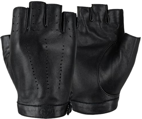 GSG Fingerlose Lederhandschuhe Damen aus echtem Leder Ungefütterte Halbfinger-Fahrhandschuhe aus Schaffell Schwarz Small