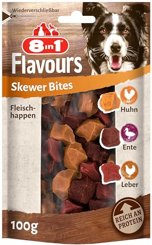 8in1 Flavours Skewer Bites Fleisch-Snacks - proteinreiche Hunde-Leckerlis mit Hähnchebrust, Entenbrust oder Hühnerleber, 100 g Beutel