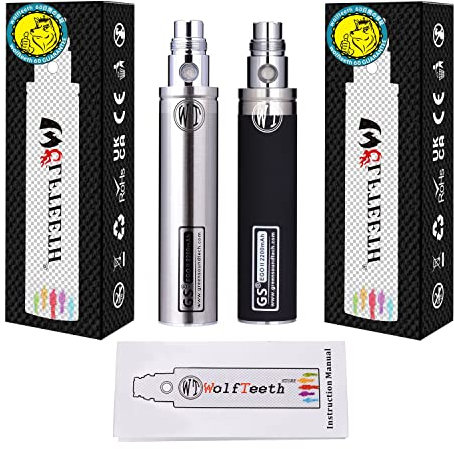 WOLFTEETH Genuine 2 Pack GS Ego II 2200mAh Huge Capacity Battery 510 E-Shisha E-Cigarette Lumia Edition(0ml Nicotine Free/Black + Stainless Steel Silver 1176011 WT)