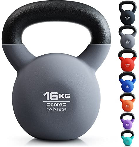 Core Balance 16kg Kettlebell Weight Cast Iron Neoprene Coated Heavy Duty Strength Training (Grey)