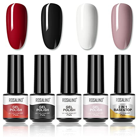 ROSALIND UV Nagellack Set, 4 Farben Gel Schwarz Weiß Rot Mit 2 in 1 Base Coat Top Coat Mini UV/LED Nägel