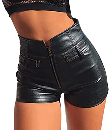 ORANDESIGNE Damen Leder Kurze Hosen, Hoher Taille Lederhose mit Elastischer Bund, Leder Shorts Sexy Leather Hotpants I Schwarz M