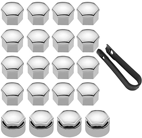 LICQIC 20 Pcs Capuchons Protection Hexagonal Chrome Écrou Cache-Boulons 17mm Universels, 16 Standard + 4 Verrouillables + Outil de Retrait, Argent
