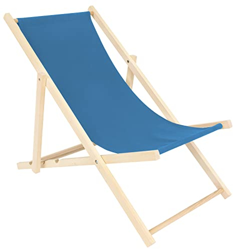 specwood Strandliege Klappbar Leicht - 119x58 cm - Liegestuhl klappbar Holz für Garten, Balkon - Sonnenliege Holz wetterfest - Klappliegestuhl aus Buche mit Baumwollstoff - Strandstuhl Faltbar - Blau