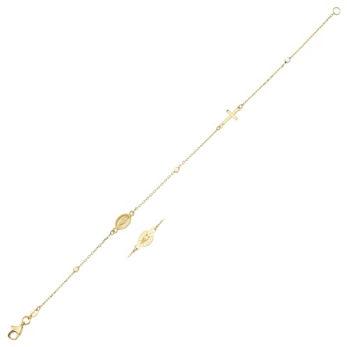 JC Schmuck | Damen Rosenkranz-Armband mit Mutter Maria mit Zirkonia Steine 585 Tricolor I Kugel Armband mit Kreuz Goldarmband Ankerkette | Länge verstellbar bis 19 cm | 8415