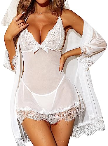 RSLOVE Nuisette Sexy Femme Robe de Nuit Lingerie Babydoll sous Vetements Feminins 3 Pièces avec G-String Blanc S